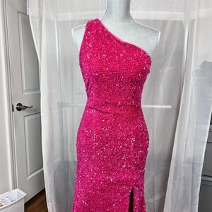 Zapaka hot barbie pink sequin prom dress formal one shoulder strappy back MD